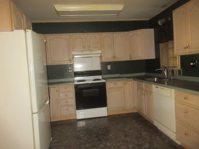 109 Indian Trl, Montgomery, NY 12543 - kitchen with white appliances, under cabinet range hood, and light brown cabinetry