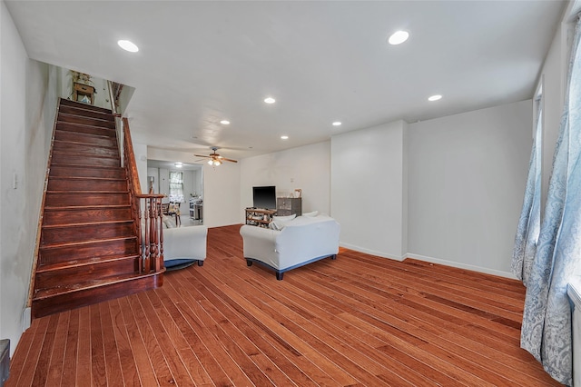 1285A Saint Marks Ave, Brooklyn, NY 11213 - living area featuring stairs, wood finished floors, a ceiling fan, and recessed lighting