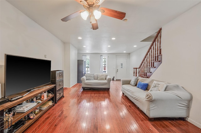 1285A Saint Marks Ave, Brooklyn, NY 11213 - living room with wood-type flooring, ceiling fan, stairs, and recessed lighting