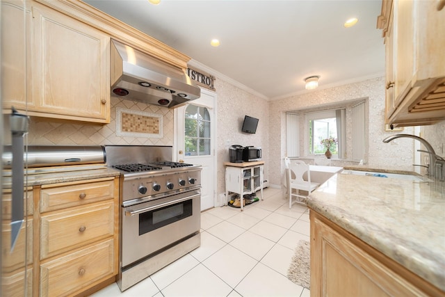 145-67 5th Ave, Whitestone, NY 11357 - kitchen with crown molding, exhaust hood, light brown cabinetry, appliances with stainless steel finishes, and healthy amount of natural light