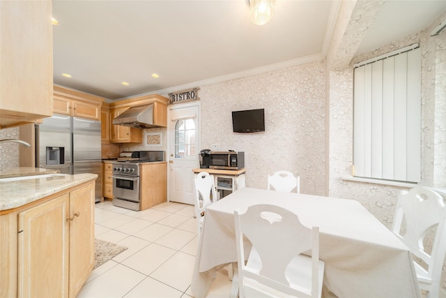 145-67 5th Ave, Whitestone, NY 11357 - kitchen featuring stainless steel appliances, light brown cabinets, wall chimney range hood, ornamental molding, and light tile patterned floors
