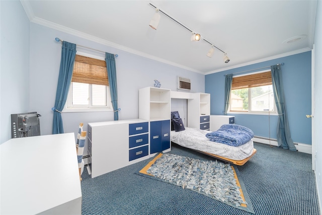 145-67 5th Ave, Whitestone, NY 11357 - carpeted bedroom with crown molding, track lighting, and a wall mounted air conditioner