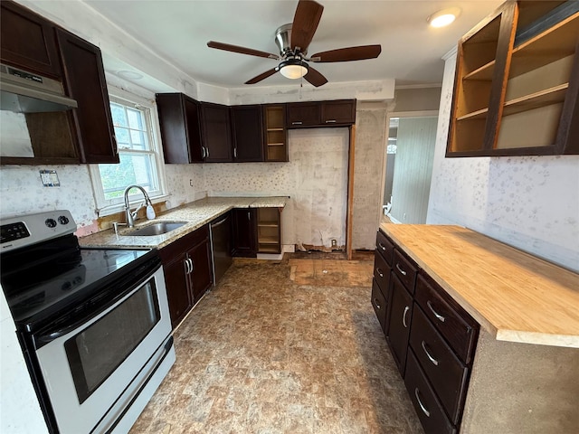 449 N Indiana Ave, Lindenhurst, NY 11757 - kitchen featuring appliances with stainless steel finishes, under cabinet range hood, a ceiling fan, dark brown cabinets, and crown molding