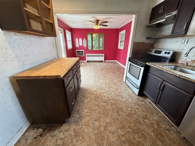 449 N Indiana Ave, Lindenhurst, NY 11757 - kitchen featuring stainless steel electric range, radiator heating unit, dark flooring, butcher block countertops, and a ceiling fan