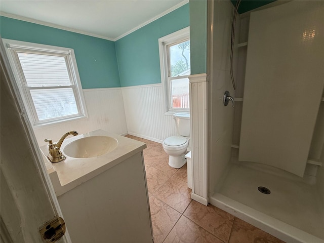 449 N Indiana Ave, Lindenhurst, NY 11757 - bathroom featuring a stall shower, wainscoting, crown molding, and vanity