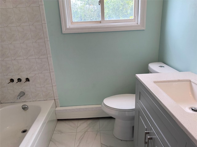 449 N Indiana Ave, Lindenhurst, NY 11757 - full bath featuring a baseboard radiator, vanity, marble finish floors, and shower / bath combination