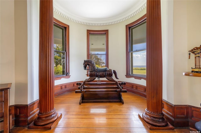 9 Convent Ln, Center Moriches, NY 11934 - living area featuring ornate columns, wainscoting, and light wood-style flooring