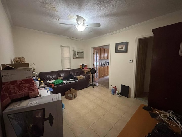 22-01 149th St, Whitestone, NY 11357 - living area featuring ornamental molding, a ceiling fan, a wall unit AC, and a textured ceiling