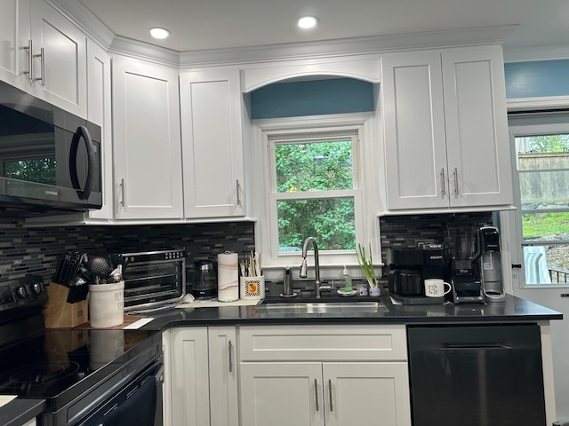 5 High St, Bedford Hills, NY 10507 - kitchen featuring electric range, black dishwasher, white cabinetry, dark countertops, and tasteful backsplash