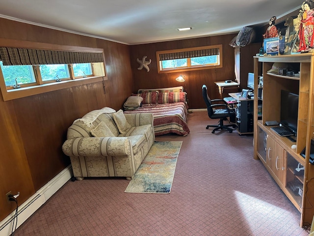 5 High St, Bedford Hills, NY 10507 - carpeted bedroom featuring a baseboard radiator, multiple windows, an office area, and wooden walls