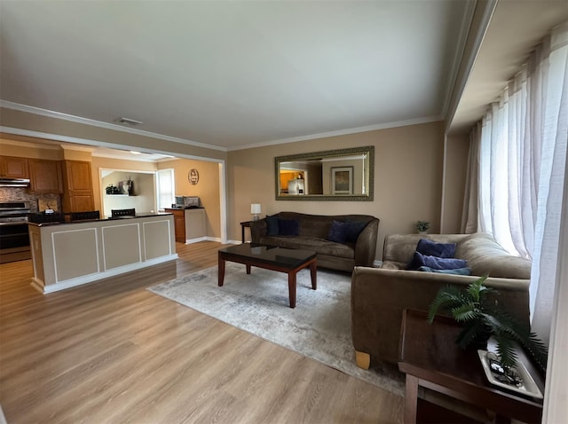 3805 Mansfield Dr, Seaford, NY 11783 - living room featuring ornamental molding and light wood-style floors