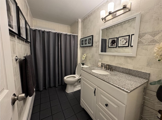 3805 Mansfield Dr, Seaford, NY 11783 - full bath with tile walls, tile patterned flooring, vanity, and a shower with shower curtain