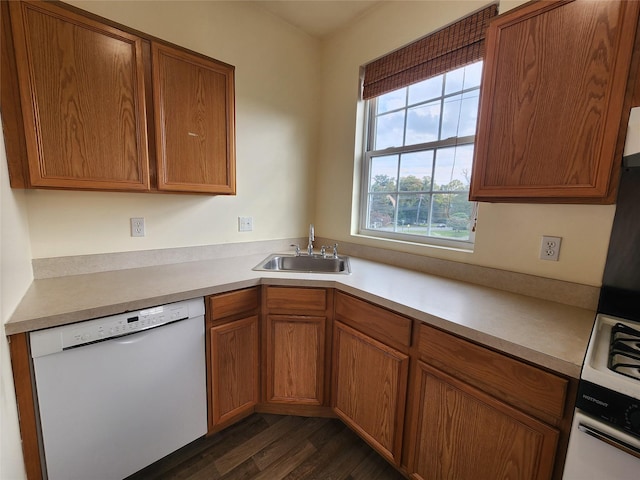 47 Pipetown Hill Radl, Nanuet, NY 10954 - kitchen with white dishwasher, dark wood finished floors, light countertops, and brown cabinetry