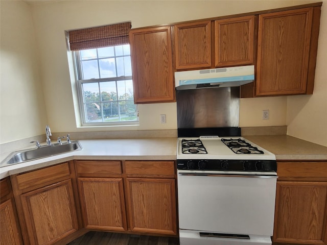 47 Pipetown Hill Radl, Nanuet, NY 10954 - kitchen with white range with gas stovetop, under cabinet range hood, light countertops, and brown cabinets