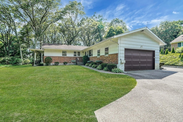 203 Deer Park Rd, Dix Hills, NY 11746 - ranch-style house with brick siding, asphalt driveway, a garage, and a front lawn