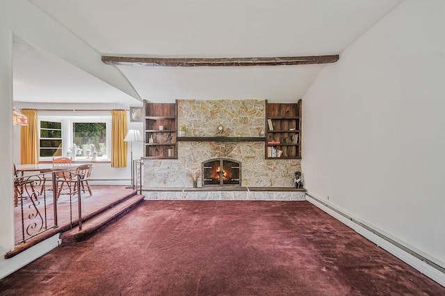 203 Deer Park Rd, Dix Hills, NY 11746 - unfurnished living room with a baseboard radiator, carpet flooring, a fireplace, and built in shelves