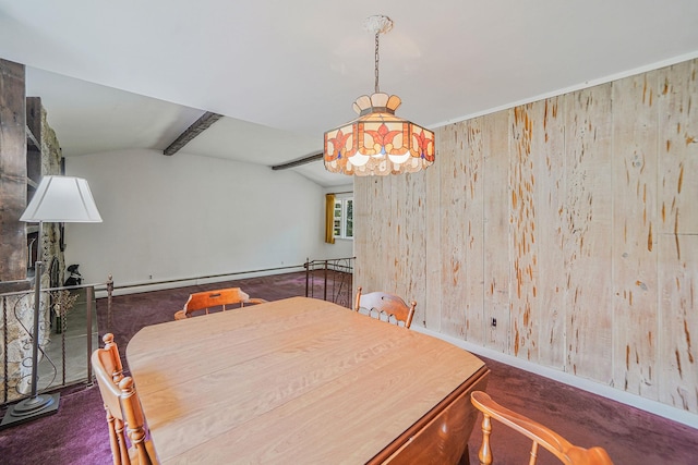 203 Deer Park Rd, Dix Hills, NY 11746 - dining space with wooden walls, vaulted ceiling, and baseboard heating