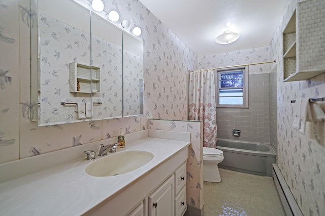 203 Deer Park Rd, Dix Hills, NY 11746 - bathroom with baseboard heating, vanity, wallpapered walls, shower / bath combo with shower curtain, and tile patterned flooring
