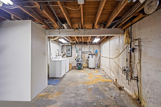 203 Deer Park Rd, Dix Hills, NY 11746 - unfinished basement with washing machine and clothes dryer, water heater, electric panel, and a heating unit