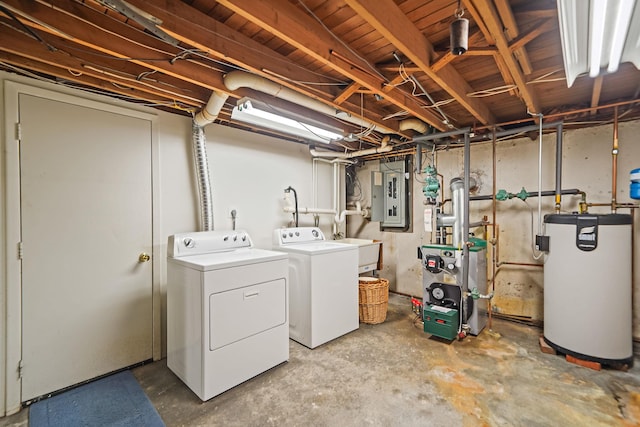 203 Deer Park Rd, Dix Hills, NY 11746 - washroom featuring gas water heater, washer and dryer, electric panel, and a heating unit