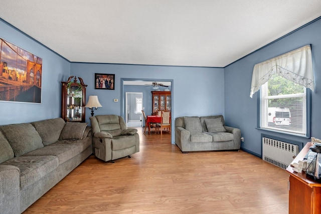 7609 79th St, Glendale, NY 11385 - living area featuring radiator, light wood-style flooring, and ceiling fan