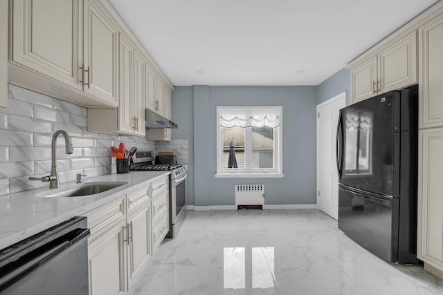 7609 79th St, Glendale, NY 11385 - kitchen featuring freestanding refrigerator, radiator, stainless steel gas stove, dishwashing machine, and cream cabinetry