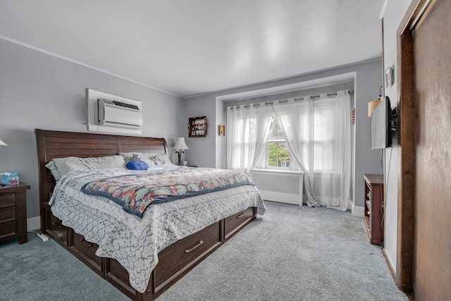 7609 79th St, Glendale, NY 11385 - carpeted bedroom with radiator, ornamental molding, and a wall mounted AC