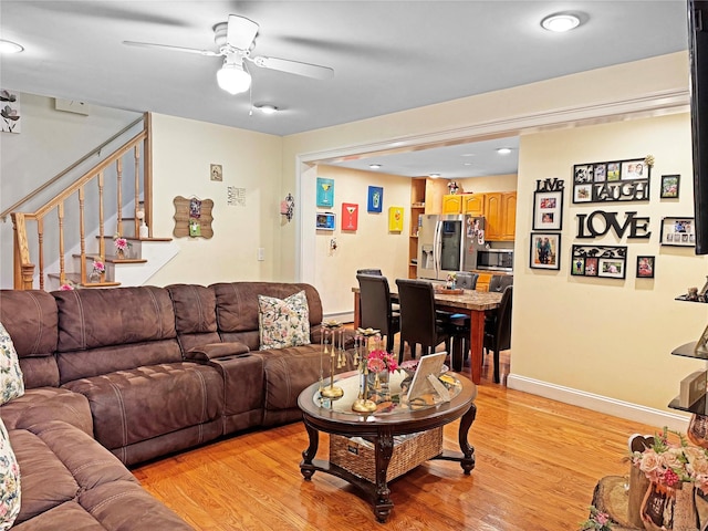 41 School St, Cortlandt Manor, NY 10567 - living area featuring light wood-type flooring, a ceiling fan, stairs, and recessed lighting