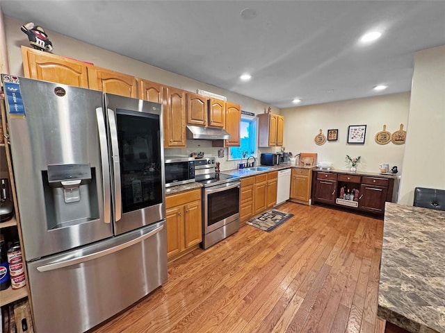 41 School St, Cortlandt Manor, NY 10567 - kitchen featuring stainless steel appliances, light wood-type flooring, under cabinet range hood, and recessed lighting