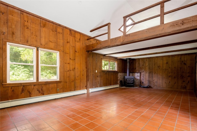 795 Pine Tree Rd, Cutchogue, NY 11935 - unfurnished living room with wood walls, a wood stove, baseboard heating, light tile patterned floors, and beamed ceiling