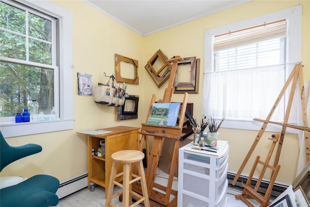 2860 Pine Tree Rd, Cutchogue, NY 11935 - office area with crown molding, a baseboard heating unit, and wood finished floors