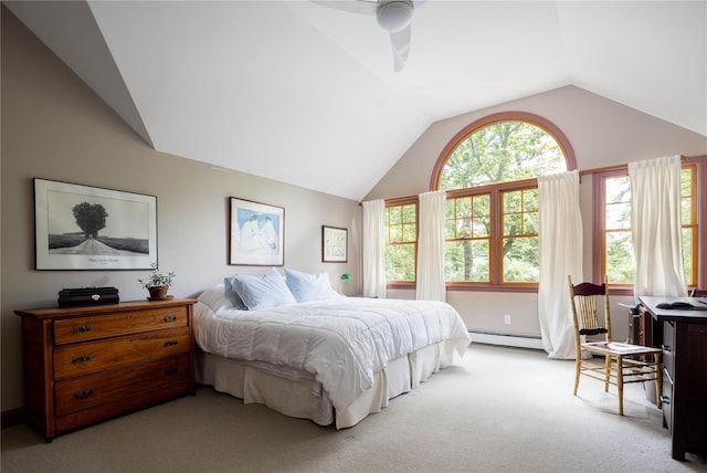 2860 Pine Tree Rd, Cutchogue, NY 11935 - bedroom with lofted ceiling, carpet floors, and a baseboard radiator