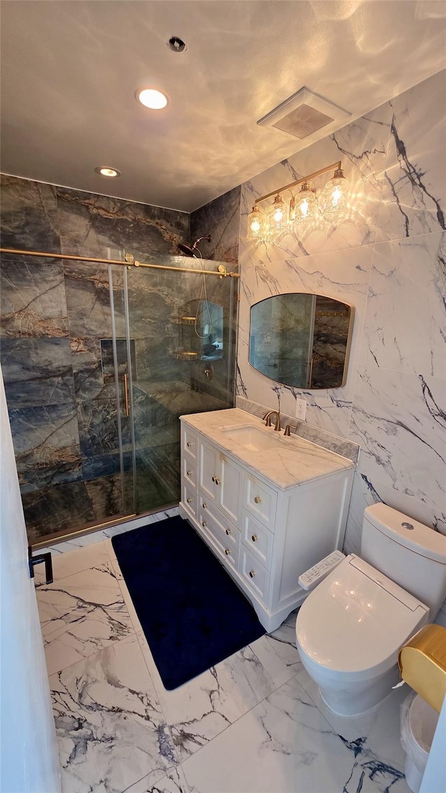 4260 Crescent St Unit 10C, Long Island City, NY 11101 - bathroom featuring marble finish floors, vanity, a marble finish shower, and recessed lighting