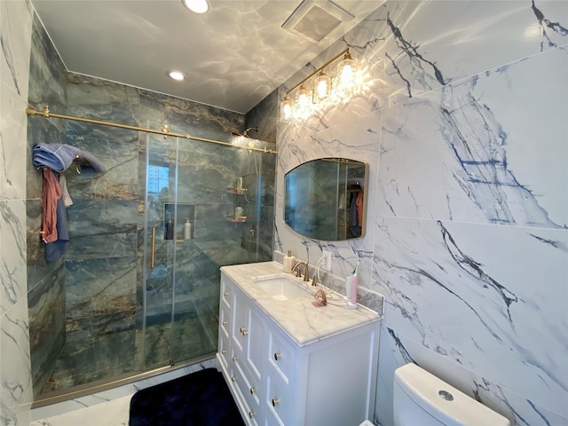 4260 Crescent St Unit 10C, Long Island City, NY 11101 - bathroom featuring vanity, a marble finish shower, tile walls, and recessed lighting