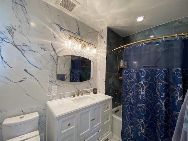 4260 Crescent St Unit 10C, Long Island City, NY 11101 - bathroom with tile walls, shower / bathtub combination with curtain, vanity, and recessed lighting