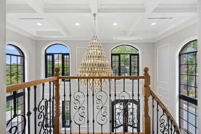 35-26 221st St, Bayside, NY 11361 - detailed view of coffered ceiling, a chandelier, ornamental molding, recessed lighting, and beamed ceiling