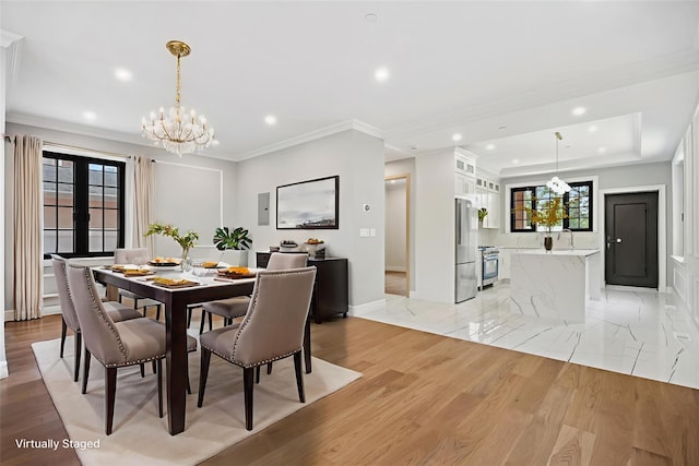 35-26 221st St, Bayside, NY 11361 - dining room with a chandelier, recessed lighting, plenty of natural light, and ornamental molding