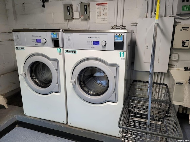 118-17 Union Tpke Unit 14E, Forest Hills, NY 11375 - laundry area featuring washing machine and clothes dryer, electric panel, and concrete block wall