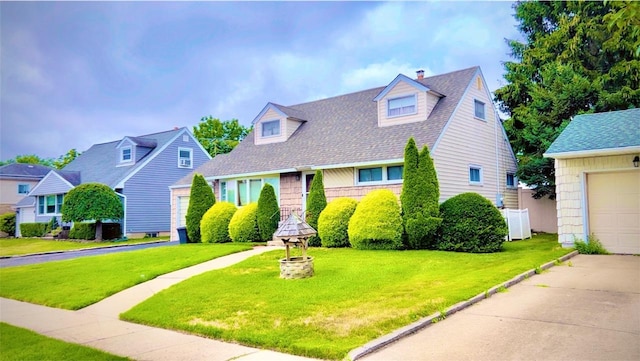 145 Dartmouth Dr, Hicksville, NY 11801 - cape cod home with a garage, a front lawn, a shingled roof, and a chimney