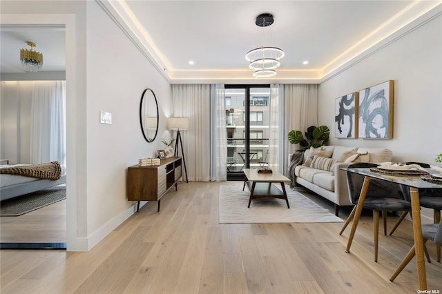 14-54 31st Ave Unit 3A, Astoria, NY 11106 - living room with light wood-style floors and a chandelier