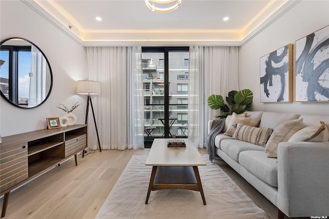 14-54 31st Ave Unit 3A, Astoria, NY 11106 - living area featuring wood finished floors, a raised ceiling, recessed lighting, and expansive windows