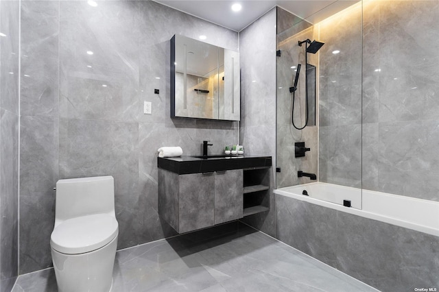 14-54 31st Ave Unit 3A, Astoria, NY 11106 - full bath with tile walls, a combined bath / shower with marble appearance, and vanity