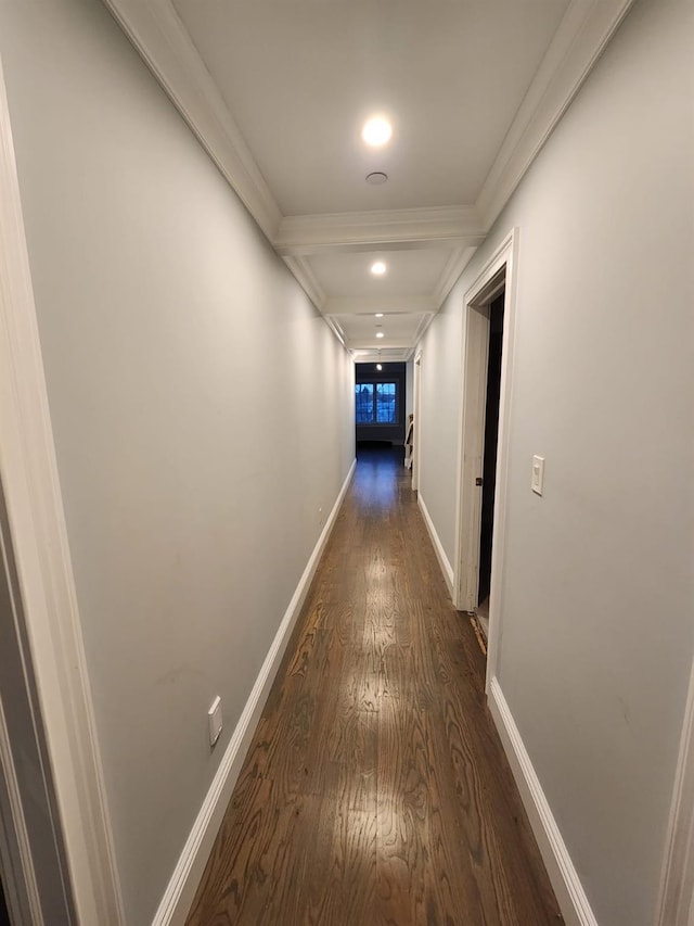 7 E Blvd, East Rockaway, NY 11518 - corridor with dark wood finished floors, ornamental molding, beam ceiling, and recessed lighting