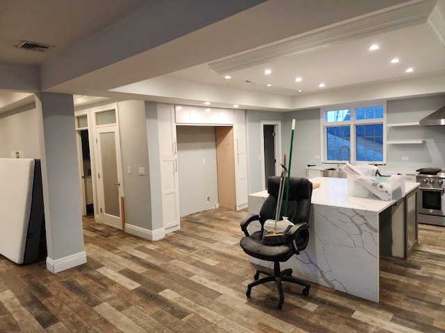 7 E Blvd, East Rockaway, NY 11518 - office area featuring wood finished floors, recessed lighting, and a tray ceiling