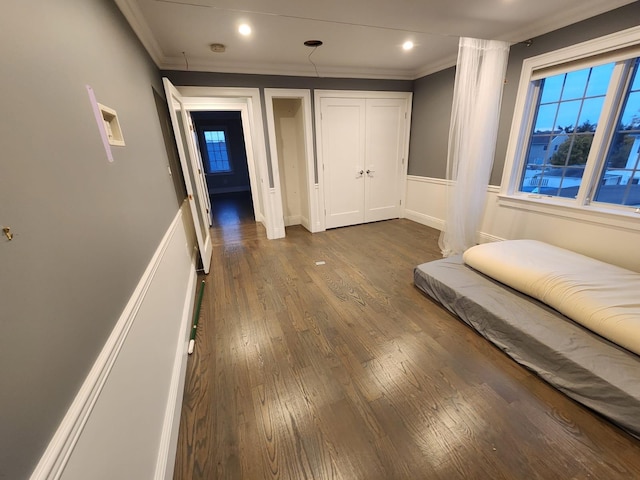 7 E Blvd, East Rockaway, NY 11518 - bedroom featuring ornamental molding, a wainscoted wall, dark wood finished floors, and recessed lighting