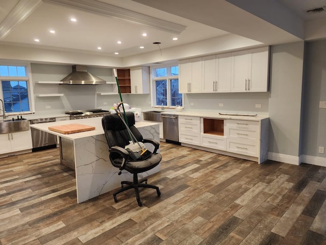 7 E Blvd, East Rockaway, NY 11518 - kitchen featuring open shelves, a center island, dark wood-type flooring, stainless steel dishwasher, and recessed lighting