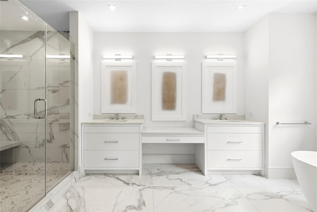 2 Herrick Ln, Southampton, NY 11968 - full bathroom featuring marble look tiles, a marble finish shower, two vanities, a freestanding bath, and recessed lighting