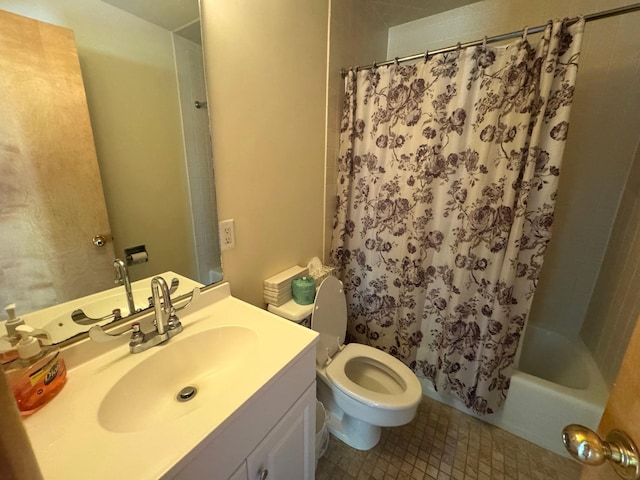 bathroom featuring vanity, shower / bathtub combination with curtain, and tile patterned floors