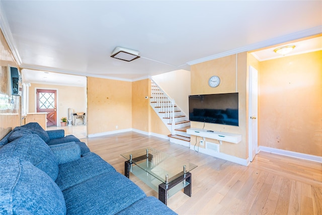 16346 21st Rd, Whitestone, NY 11357 - living room featuring ornamental molding, stairway, and wood finished floors