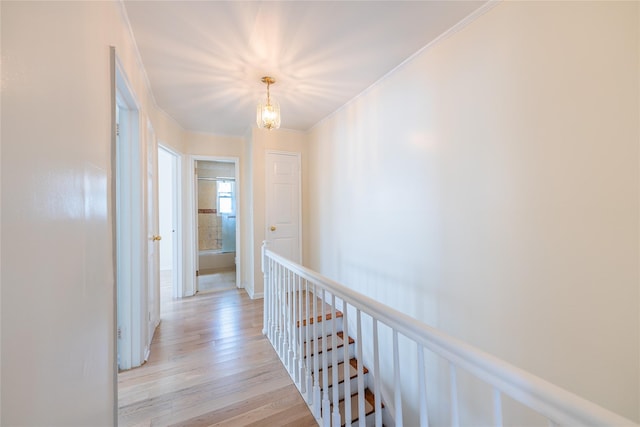 16346 21st Rd, Whitestone, NY 11357 - corridor with a chandelier, crown molding, light wood finished floors, and an upstairs landing